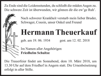 Traueranzeige von Hermann Theuerkauf  von Magdeburger Volksstimme
