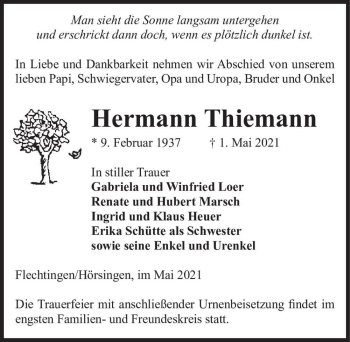 Traueranzeige von Hermann Thiemann  von Magdeburger Volksstimme