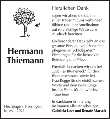 Traueranzeige von Hermann Thiemann  von Magdeburger Volksstimme