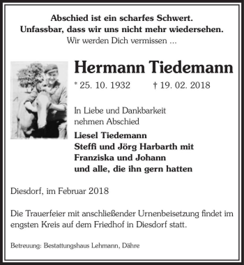 Traueranzeige von Hermann Tiedemann  von Magdeburger Volksstimme
