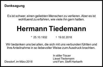 Traueranzeige von Hermann Tiedemann  von Magdeburger Volksstimme