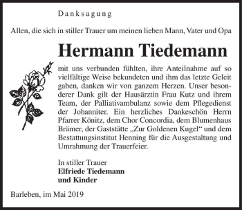 Traueranzeige von Hermann Tiedemann  von Magdeburger Volksstimme