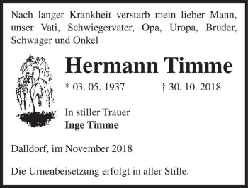 Traueranzeige von Hermann Timme  von Magdeburger Volksstimme