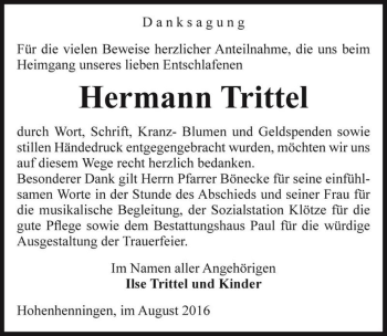 Traueranzeige von Hermann Trittel  von Magdeburger Volksstimme