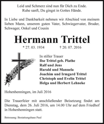 Traueranzeige von Hermann Trittel  von Magdeburger Volksstimme
