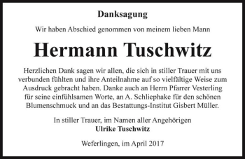 Traueranzeige von Hermann Tuschwitz  von Magdeburger Volksstimme
