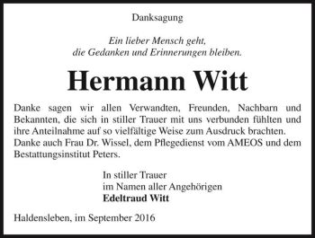 Traueranzeige von Hermann Witt  von Magdeburger Volksstimme