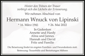 Traueranzeige von Hermann Wnuck von Lipinski  von Magdeburger Volksstimme