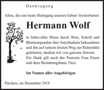 Traueranzeige von Hermann Wolf  von Magdeburger Volksstimme