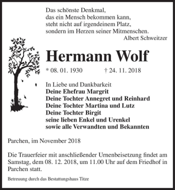 Traueranzeige von Hermann Wolf  von Magdeburger Volksstimme
