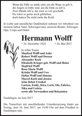 Traueranzeige von Hermann Wolff  von Magdeburger Volksstimme