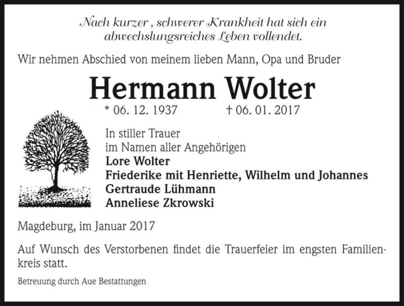  Traueranzeige für Hermann Wolter  vom 14.01.2017 aus Magdeburger Volksstimme