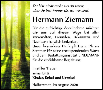 Traueranzeige von Hermann Ziemann  von Magdeburger Volksstimme