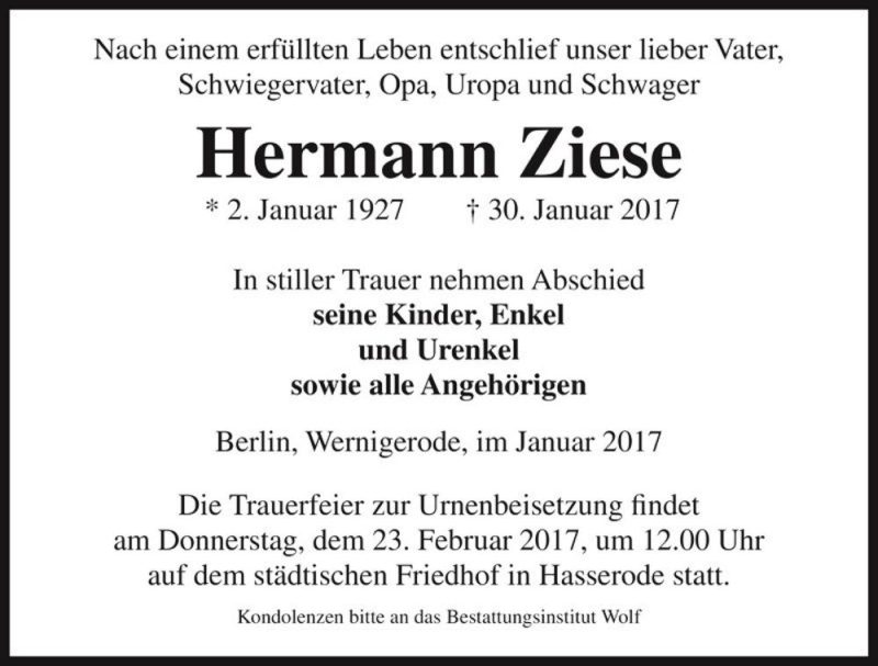  Traueranzeige für Hermann Ziese  vom 15.02.2017 aus Magdeburger Volksstimme