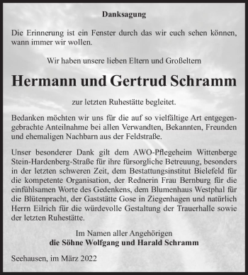 Traueranzeige von Hermann und Gertrud Schramm  von Magdeburger Volksstimme