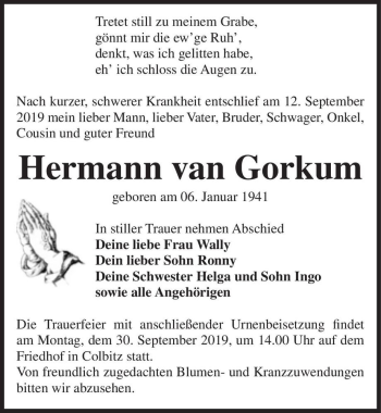 Traueranzeige von Hermann van Gorkum  von Magdeburger Volksstimme