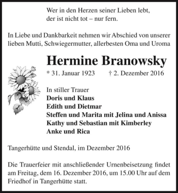 Traueranzeige von Hermine Branowsky  von Magdeburger Volksstimme