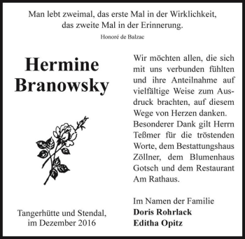 Traueranzeige von Hermine Branowsky  von Magdeburger Volksstimme