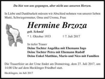 Traueranzeige von Hermine Brzoza (geb. Schmid)  von Magdeburger Volksstimme