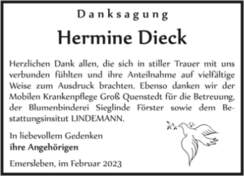 Traueranzeige von Hermine Dieck  von Magdeburger Volksstimme