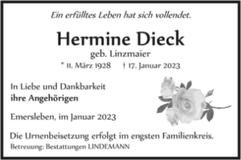 Traueranzeige von Hermine Dieck (geb. Linzmaier)  von Magdeburger Volksstimme