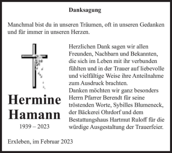 Traueranzeige von Hermine Hamann  von Magdeburger Volksstimme