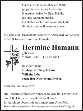 Traueranzeige von Hermine Hamann (geb. Löw)  von Magdeburger Volksstimme