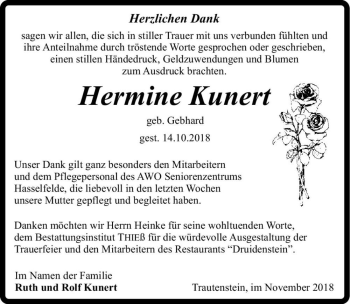 Traueranzeige von Hermine Kunert (geb. Gebhard)  von Magdeburger Volksstimme