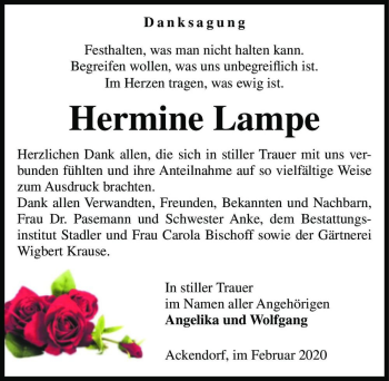 Traueranzeige von Hermine Lampe  von Magdeburger Volksstimme