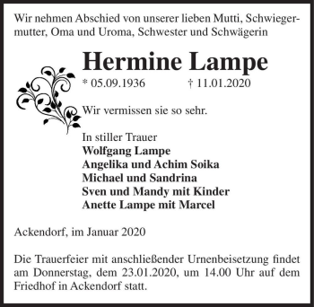 Traueranzeige von Hermine Lampe  von Magdeburger Volksstimme