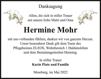 Traueranzeige von Hermine Mohr  von Magdeburger Volksstimme