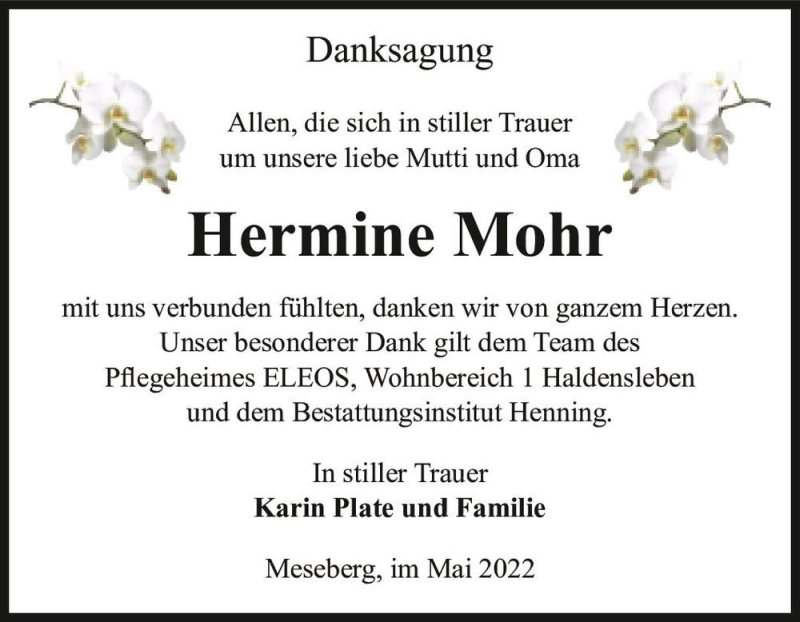  Traueranzeige für Hermine Mohr  vom 07.05.2022 aus Magdeburger Volksstimme