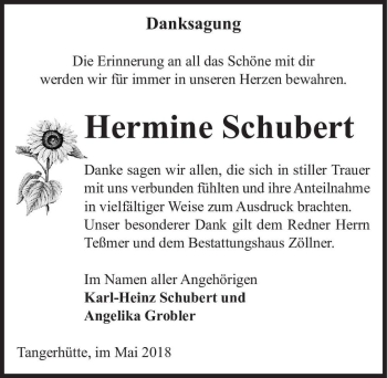 Traueranzeige von Hermine Schubert  von Magdeburger Volksstimme
