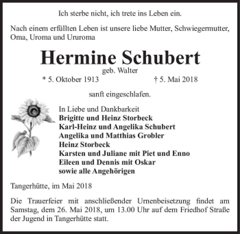 Traueranzeige von Hermine Schubert (geb. Walter)  von Magdeburger Volksstimme