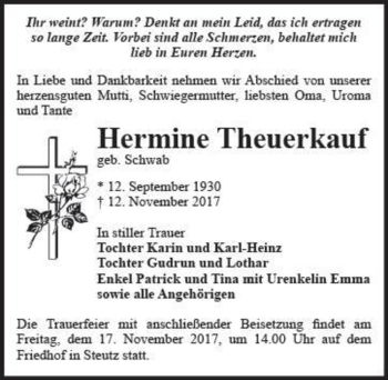Traueranzeige von Hermine Theuerkauf (geb. Schwab)  von Magdeburger Volksstimme