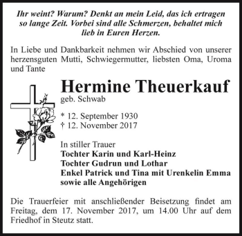 Traueranzeige von Hermine Theuerkauf (geb. Schwab)  von Magdeburger Volksstimme