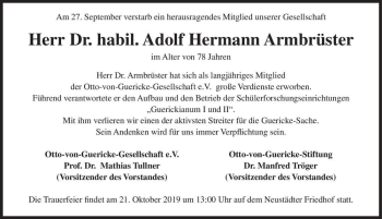 Traueranzeige von Herr Dr. habil. Adolf Hermann Armbrüster  von Magdeburger Volksstimme
