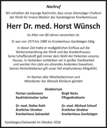 Traueranzeige von Herr Dr. med. Horst Wünsch  von Magdeburger Volksstimme