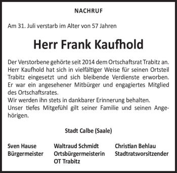 Traueranzeige von Herr Frank Kaufhold  von Magdeburger Volksstimme