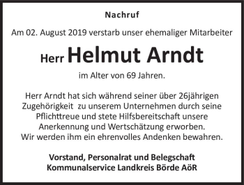 Traueranzeige von Herr Helmut Arndt  von Magdeburger Volksstimme