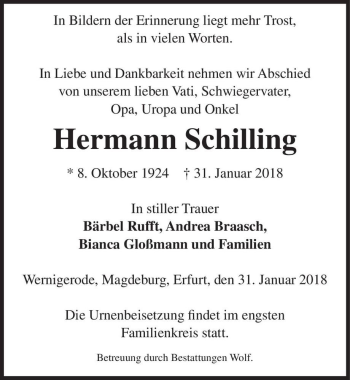 Traueranzeige von Herrmann Schilling  von Magdeburger Volksstimme