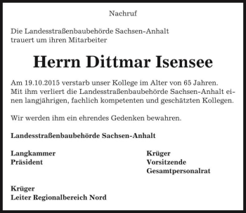 Traueranzeige von Herrn Dittmar Isensee  von Magdeburger Volksstimme