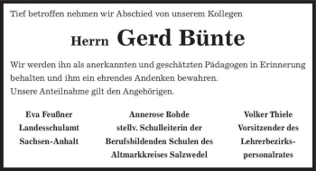 Traueranzeige von Herrn Gerd Bünte  von Magdeburger Volksstimme