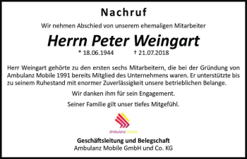 Traueranzeige von Herrn Peter Weingart  von Magdeburger Volksstimme