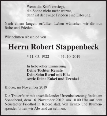 Traueranzeige von Herrn Robert Stappenbeck  von Magdeburger Volksstimme