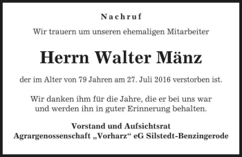 Traueranzeige von Herrn Walter Mänz  von Magdeburger Volksstimme