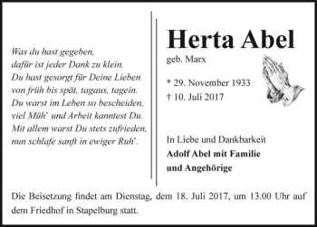 Traueranzeige von Herta Abel (geb. Marx)  von Magdeburger Volksstimme