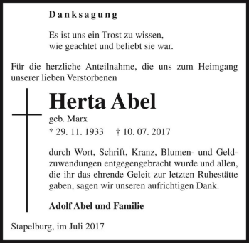 Traueranzeige von Herta Abel (geb. Marx)  von Magdeburger Volksstimme