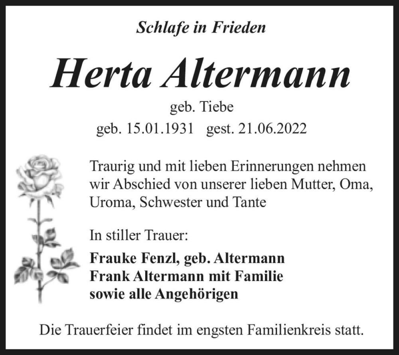  Traueranzeige für Herta Altermann (geb. Tiebe)  vom 02.07.2022 aus Magdeburger Volksstimme