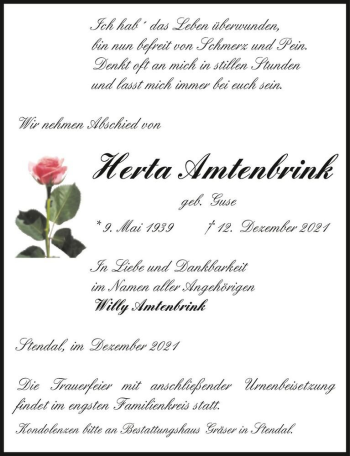 Traueranzeige von Herta Amtenbrink (geb. Guse)  von Magdeburger Volksstimme